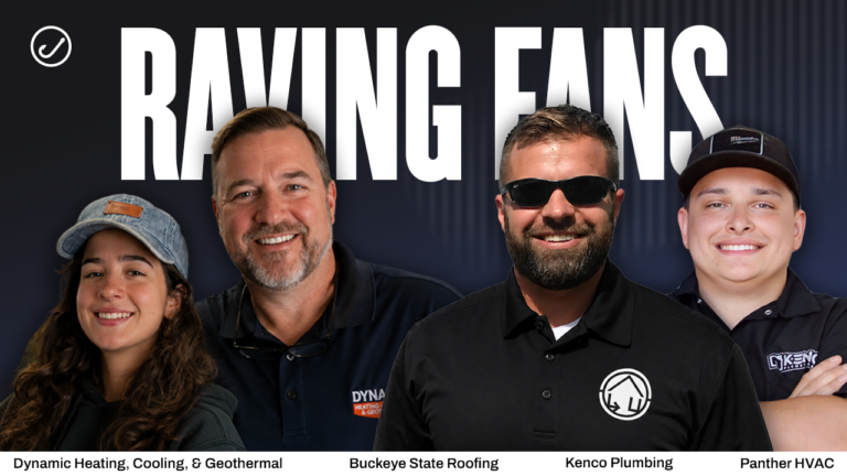 Four individuals representing Dynamic Heating, Buckeye State Roofing, Kenco Plumbing, and Panther HVAC stand smiling in front of a prominent 