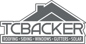 Gray TCBacker logo with a roof outline above the name; banner below lists ROOFING, SIDING, WINDOWS, GUTTERS, SOLAR in bold caps.
